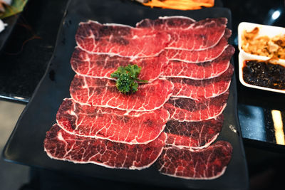 High angle view of food on table in restaurant