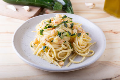 High angle view of food in plate on table