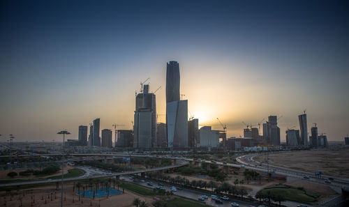 City skyline at sunset