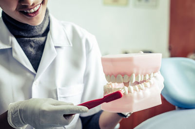 Midsection of dentist brushing dentures in clinic