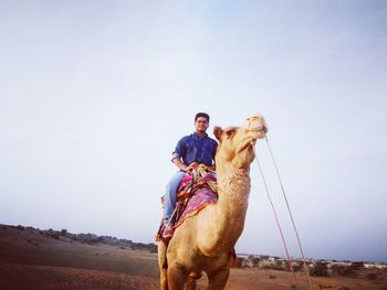 Full length of man riding camel against clear sky