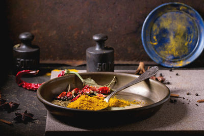 High angle view of various spices on table