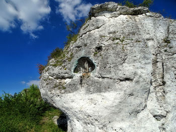 Low angle view of rock formation against sky