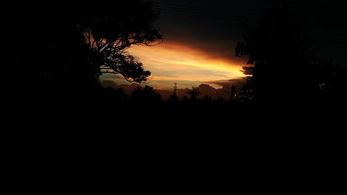 Silhouette trees on landscape against sky at sunset