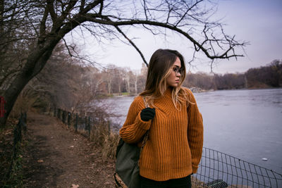 High angle view of woman in lake