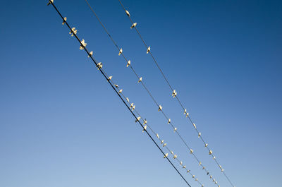 Low angle view of power lines against clear blue sky