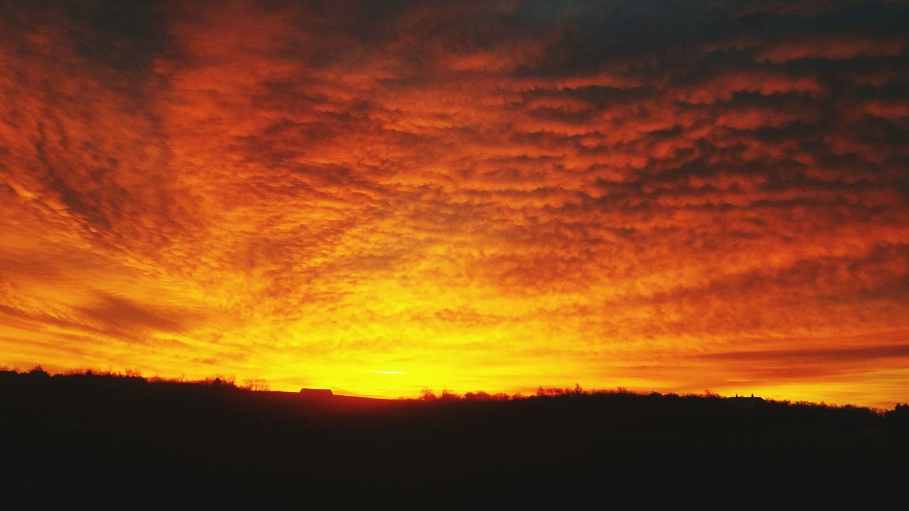 sunset, sky, orange color, beauty in nature, scenics - nature, silhouette, tranquility, cloud - sky, tranquil scene, no people, idyllic, nature, environment, landscape, non-urban scene, dramatic sky, outdoors, land, awe, field, dark, romantic sky