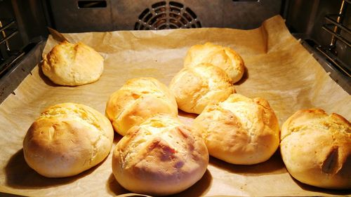 Close-up of buns in microwave