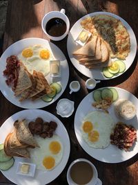 High angle view of breakfast served on table