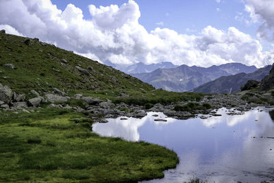 Scenic view of river and mountains against sky