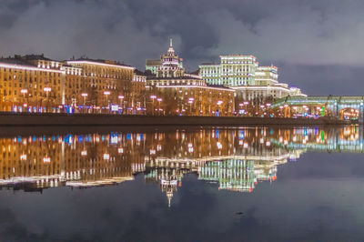 Reflection of illuminated buildings in lake at night