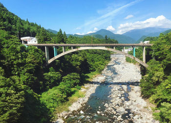 Bridge over mountain against sky