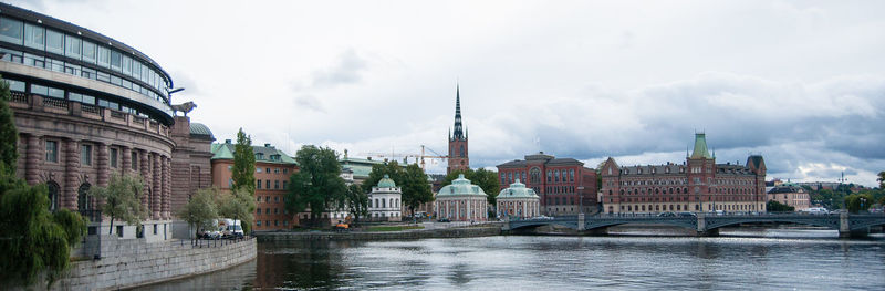 Panoramic view of buildings by river against sky in city