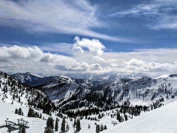 Scenic view of snow covered mountains against sky