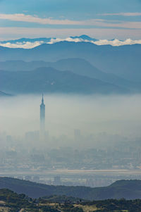 Scenic view of city and mountains against sky