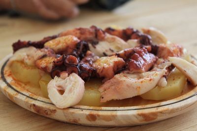 Close-up of meat in plate on table