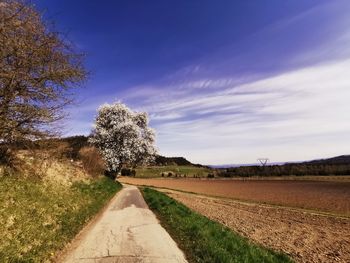 Empty road amidst field against sky