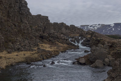 High angle view of the river and rapids and a small waterfall