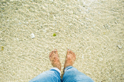 Low section of man standing in sea