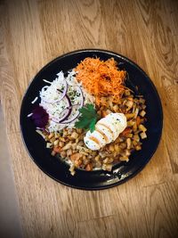 High angle view of food in plate on table