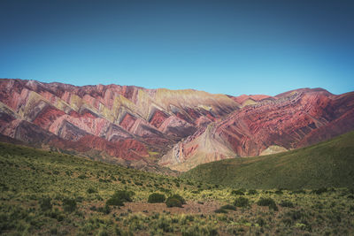 Scenic view of mountains against clear blue sky