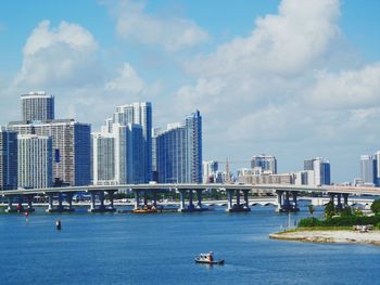 City at waterfront against cloudy sky