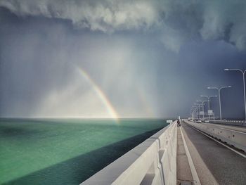 Scenic view of rainbow over sea against sky