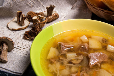 High angle view of soup in bowl on table