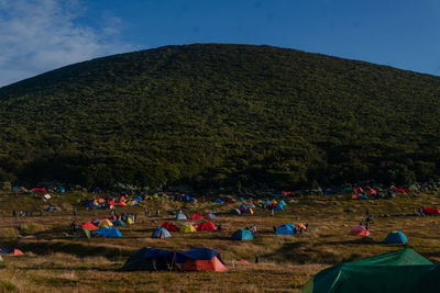 People at beach against clear sky