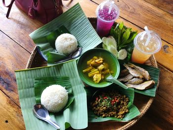 High angle view of breakfast served on table