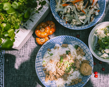 High angle view of food served on table