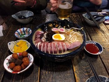 Close-up of food served on table