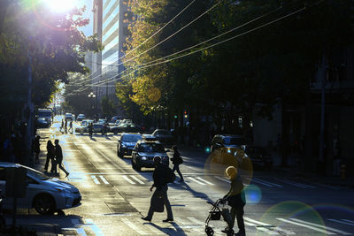 Vehicles on road along city street