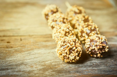 Close-up of protein bars on wooden table