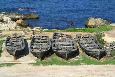 High angle view of boats in sea