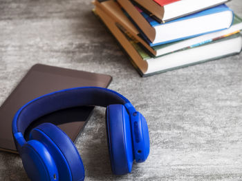 High angle view of books on table