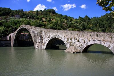 Arch bridge over river against sky