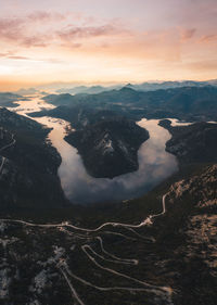 High angle view of mountain against sky during sunset