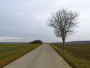 Road by bare tree on field against sky