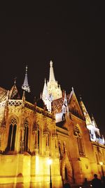 Low angle view of illuminated cathedral against sky at night