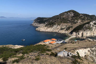 High angle view of sea against clear sky