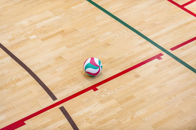 High angle view of basketball hoop on hardwood floor