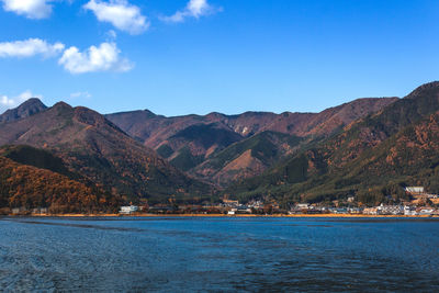 Scenic view of sea and mountains against blue sky