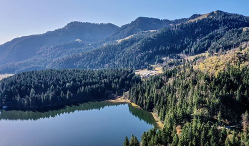 Scenic view of lake and mountains against sky