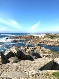 Scenic view of beach against blue sky