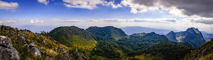 Panoramic view of trees and mountains against sky