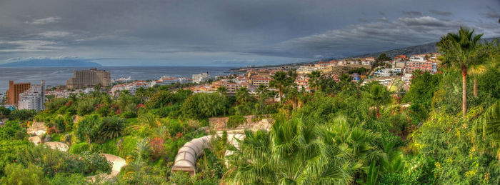 High angle view of trees and buildings against sky