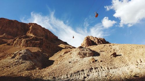 Low angle view of rocks in mountains against sky