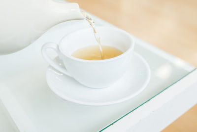 High angle view of coffee cup on table