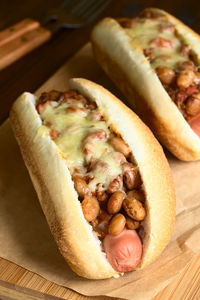 High angle view of hot dog on table